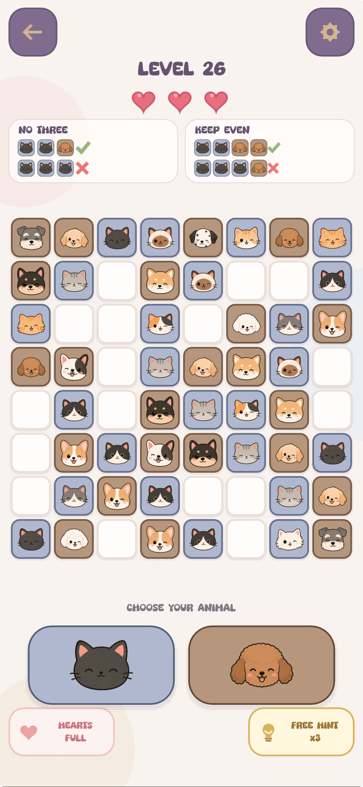 PAWGRID Level 26 showing the No Three and Keep Even rules, an eight-by-eight cat-and-dog puzzle board, hearts, and hint controls
